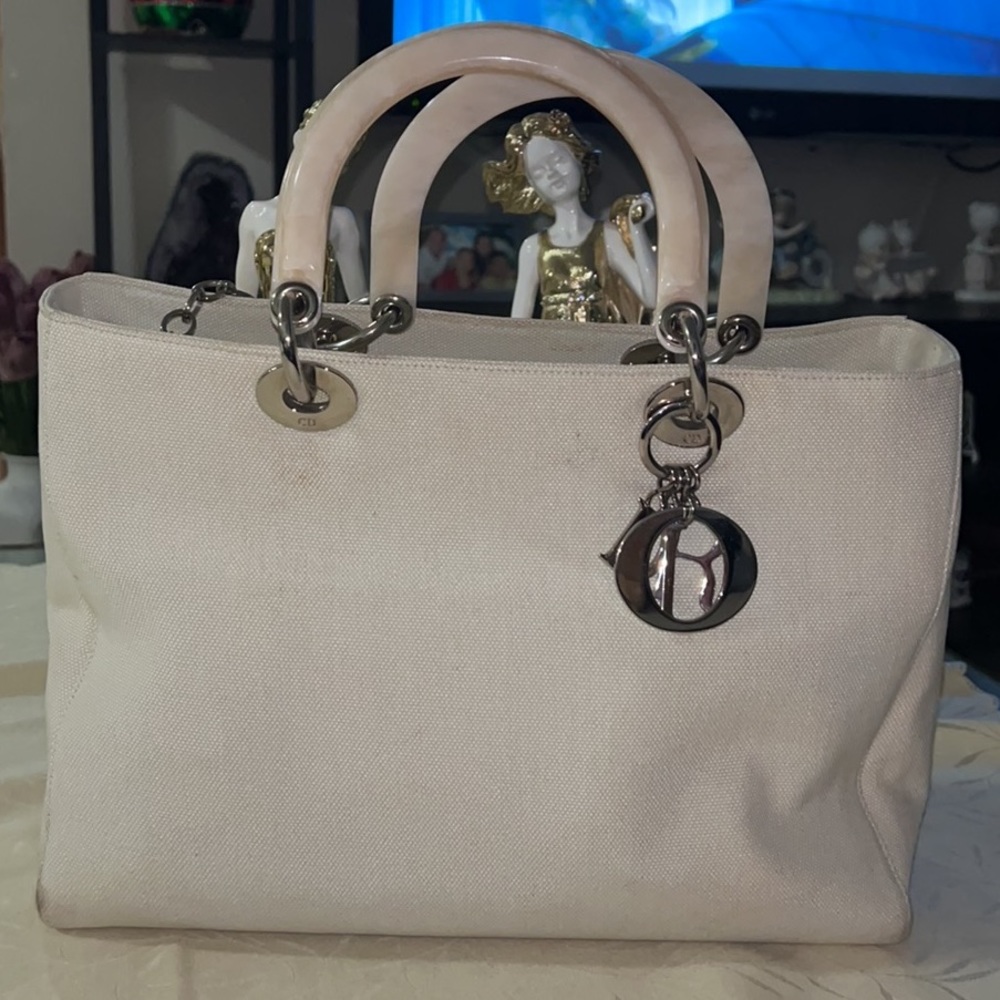 Dior Lady Dior Canvas Satchel Bag with Plastic Handle